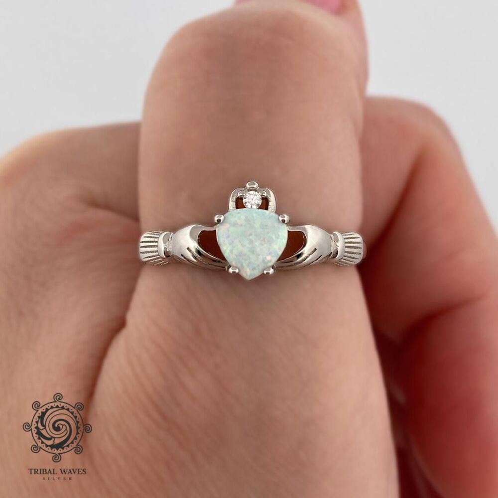 White Lab Opal Claddagh Finger Ring Sterling Silver Heart Sizes 3-9